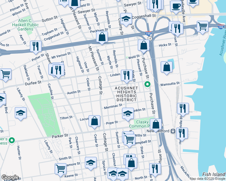 map of restaurants, bars, coffee shops, grocery stores, and more near 340 Summer Street in New Bedford