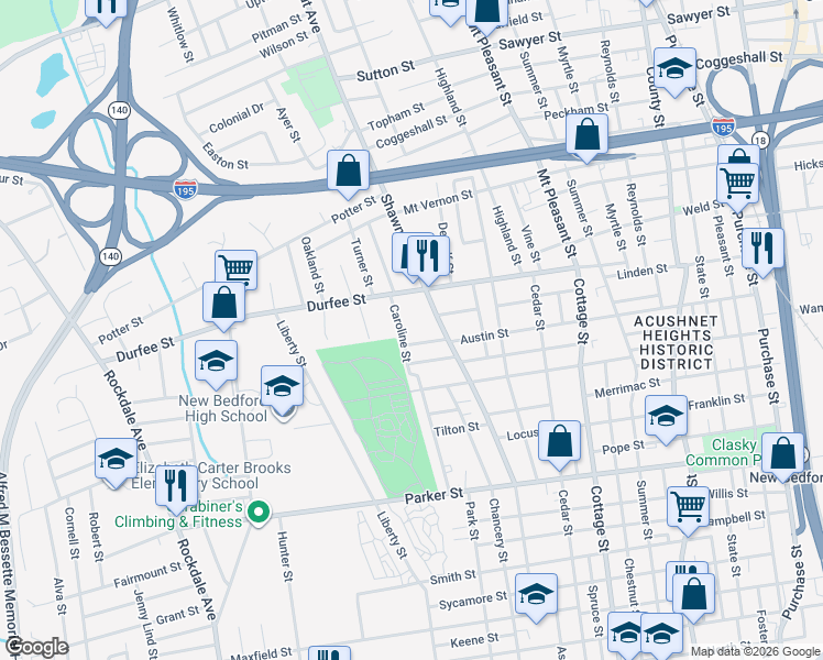 map of restaurants, bars, coffee shops, grocery stores, and more near 155 Caroline Street in New Bedford