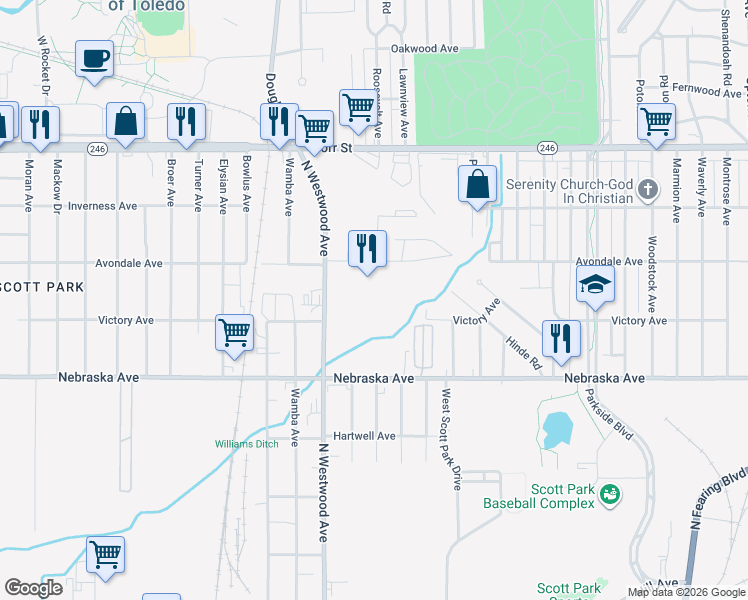 map of restaurants, bars, coffee shops, grocery stores, and more near Liberty West in Toledo