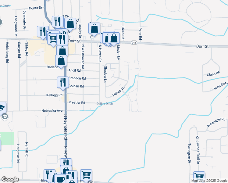 map of restaurants, bars, coffee shops, grocery stores, and more near 728 Hilltop Lane in Toledo
