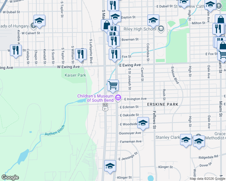 map of restaurants, bars, coffee shops, grocery stores, and more near 2609 South Michigan Street in South Bend