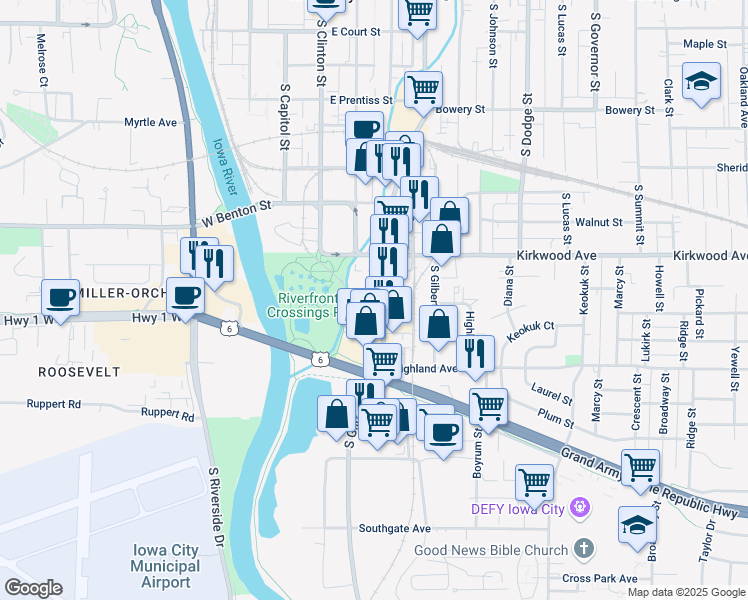 map of restaurants, bars, coffee shops, grocery stores, and more near 1141 South Gilbert Street in Iowa City