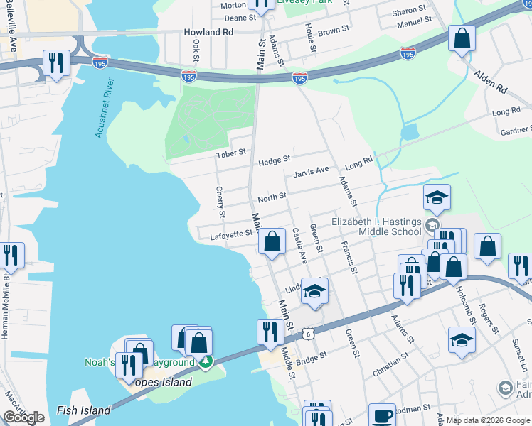 map of restaurants, bars, coffee shops, grocery stores, and more near 54 Oxford Street in Fairhaven