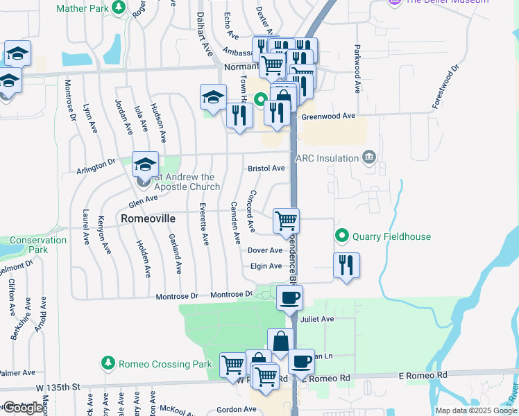 map of restaurants, bars, coffee shops, grocery stores, and more near 18 Belmont Drive in Romeoville