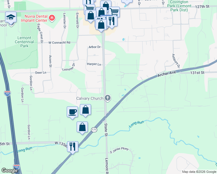 map of restaurants, bars, coffee shops, grocery stores, and more near 1363 State Street in Lemont
