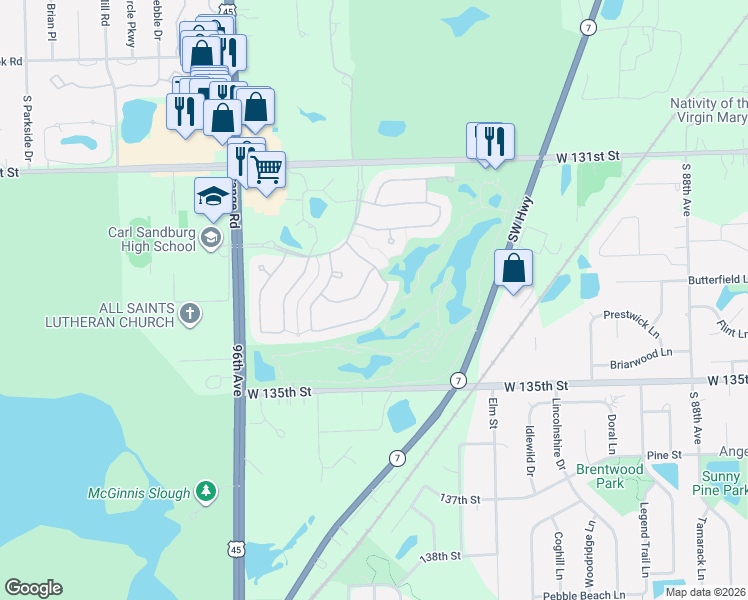 map of restaurants, bars, coffee shops, grocery stores, and more near 9329 Dunmurry Drive in Orland Park