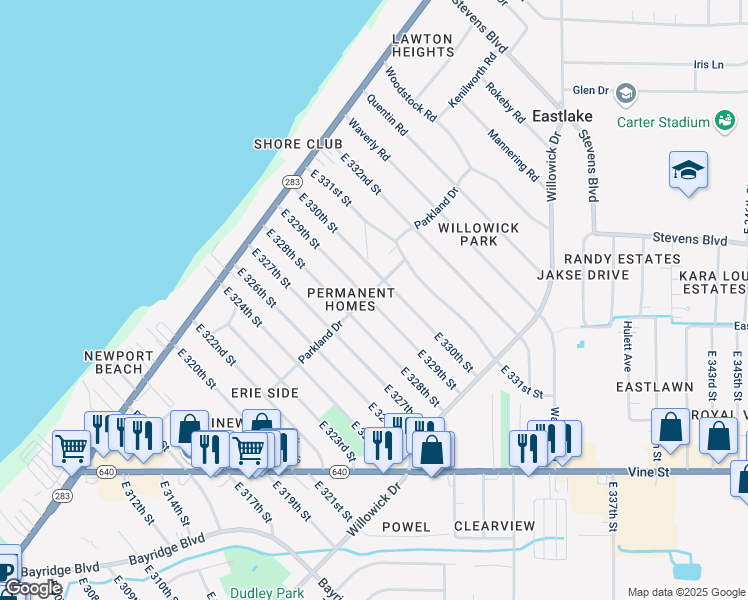 map of restaurants, bars, coffee shops, grocery stores, and more near 359 East 328th Street in Willowick