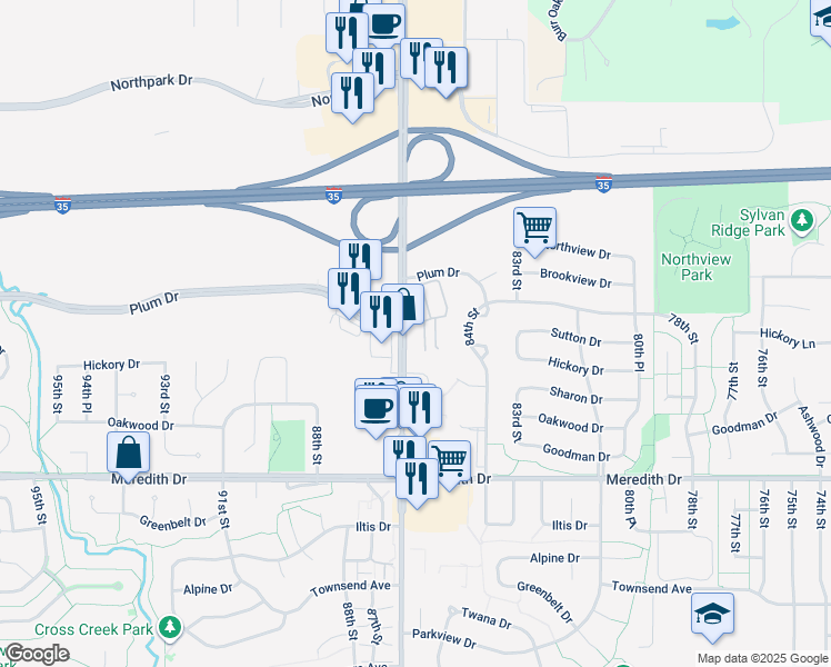 map of restaurants, bars, coffee shops, grocery stores, and more near 4805 Northwest 86th Street in Urbandale