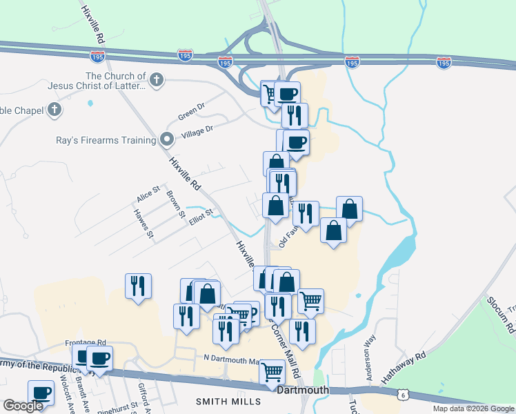 map of restaurants, bars, coffee shops, grocery stores, and more near 78 Faunce Corner Road in North Dartmouth