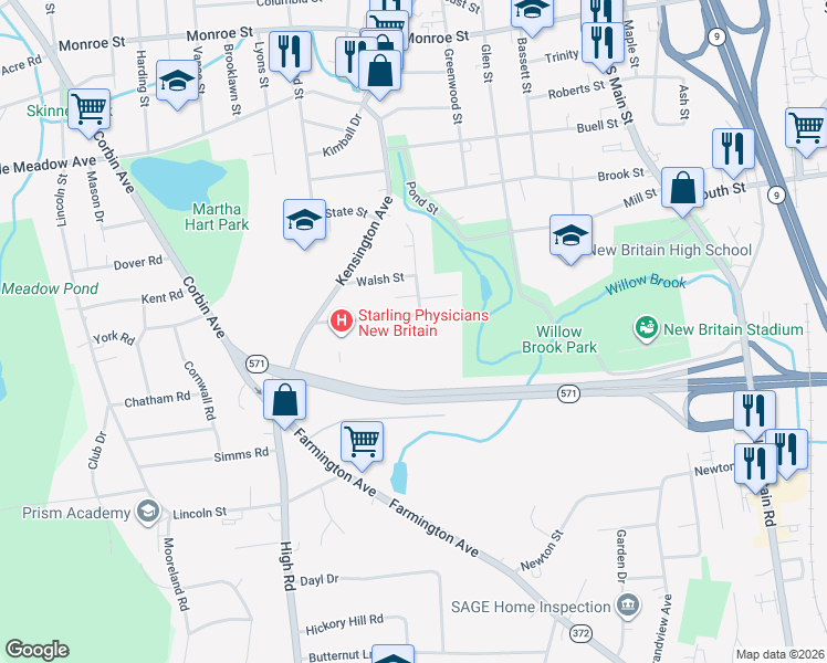 map of restaurants, bars, coffee shops, grocery stores, and more near 87 Clinic Drive in New Britain
