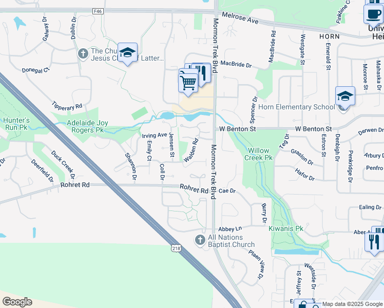map of restaurants, bars, coffee shops, grocery stores, and more near 2553 Walden Road in Iowa City
