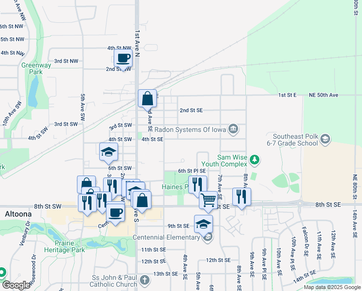 map of restaurants, bars, coffee shops, grocery stores, and more near 309 5th Street Place Southeast in Altoona