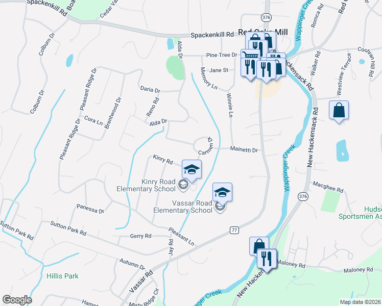 map of restaurants, bars, coffee shops, grocery stores, and more near 57 Kinry Road in Poughkeepsie