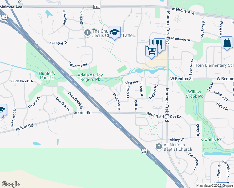 map of restaurants, bars, coffee shops, grocery stores, and more near 1291-1315 Shannon Drive in Iowa City