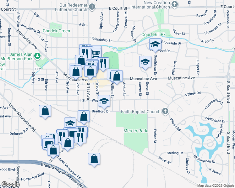map of restaurants, bars, coffee shops, grocery stores, and more near 1030 William Street in Iowa City