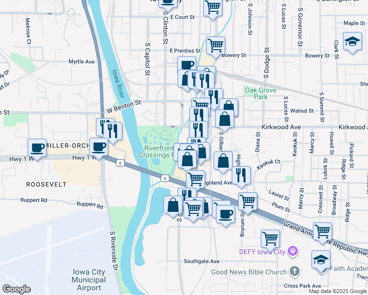 map of restaurants, bars, coffee shops, grocery stores, and more near 1141 South Gilbert Street in Iowa City