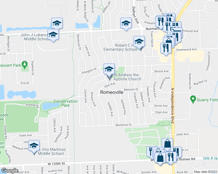map of restaurants, bars, coffee shops, grocery stores, and more near 505 Kingston Dr in Romeoville