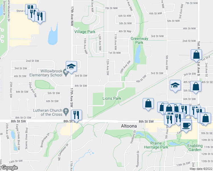 map of restaurants, bars, coffee shops, grocery stores, and more near 1206 4th Street Southwest in Altoona
