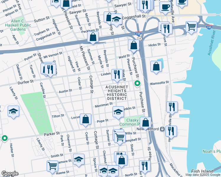 map of restaurants, bars, coffee shops, grocery stores, and more near 777 County Street in New Bedford
