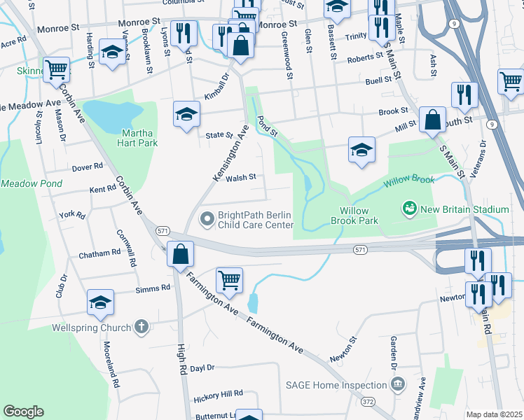 map of restaurants, bars, coffee shops, grocery stores, and more near 87 Clinic Drive in New Britain