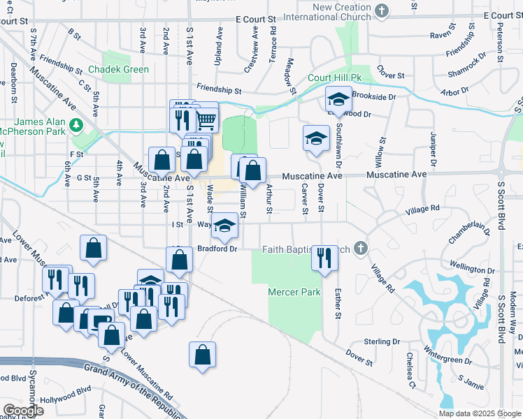 map of restaurants, bars, coffee shops, grocery stores, and more near 2715 Wayne Avenue in Iowa City