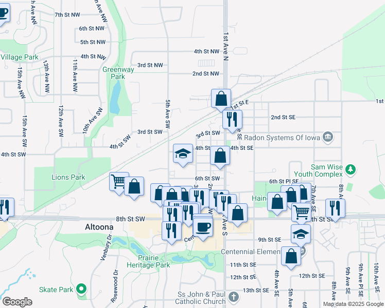 map of restaurants, bars, coffee shops, grocery stores, and more near 304 4th Street Southwest in Altoona