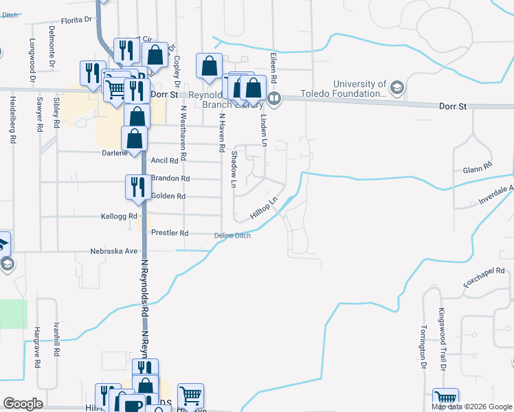 map of restaurants, bars, coffee shops, grocery stores, and more near 728 Hilltop Lane in Toledo