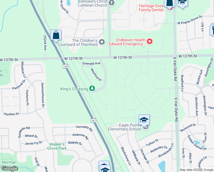 map of restaurants, bars, coffee shops, grocery stores, and more near 12823 Waterford Boulevard in Plainfield