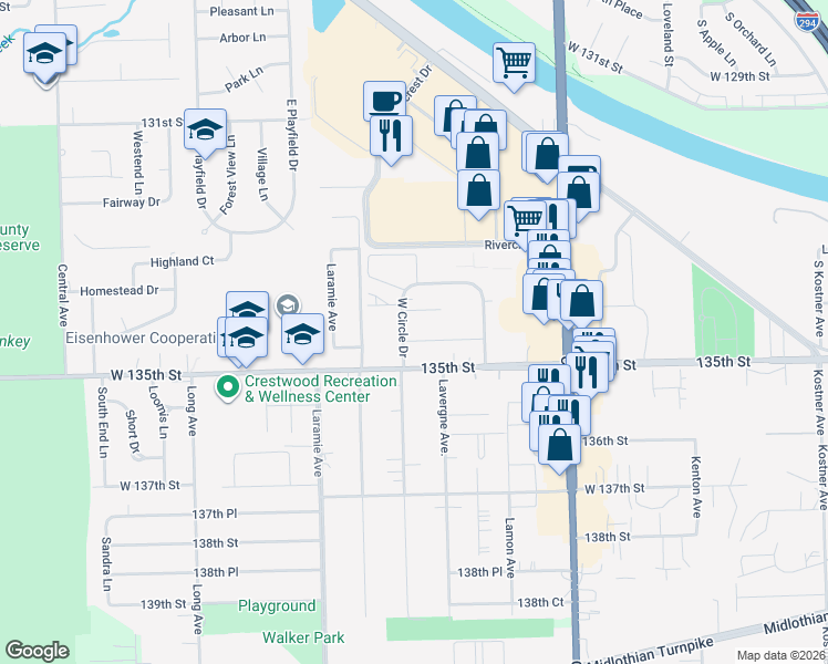 map of restaurants, bars, coffee shops, grocery stores, and more near 4960 135th Street in Crestwood