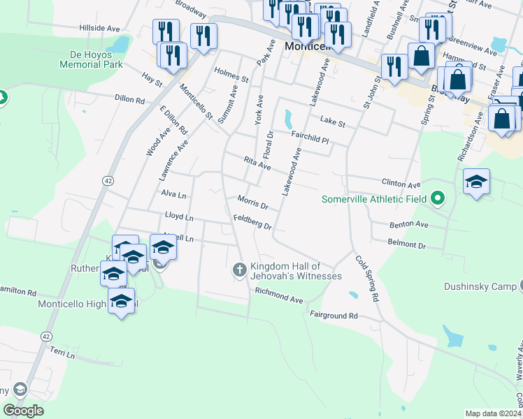 map of restaurants, bars, coffee shops, grocery stores, and more near 9 Morris Drive in Monticello