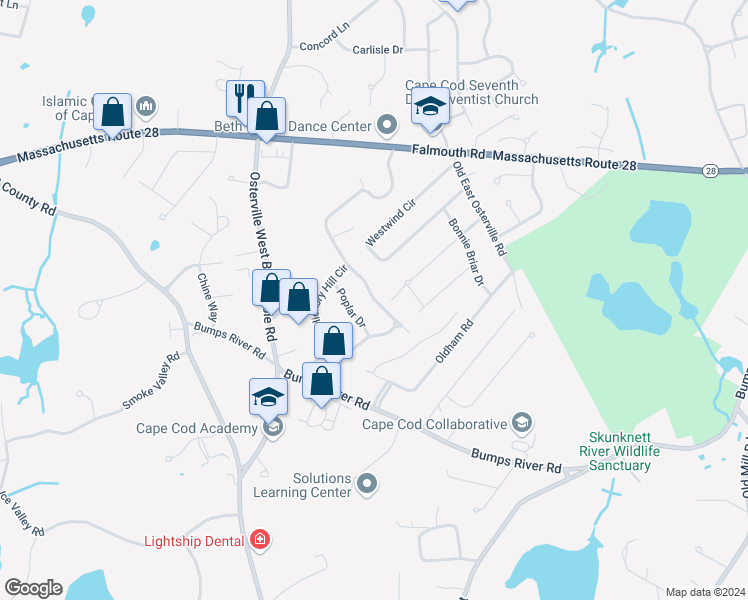 map of restaurants, bars, coffee shops, grocery stores, and more near 129 Hickory Hill Circle in Barnstable