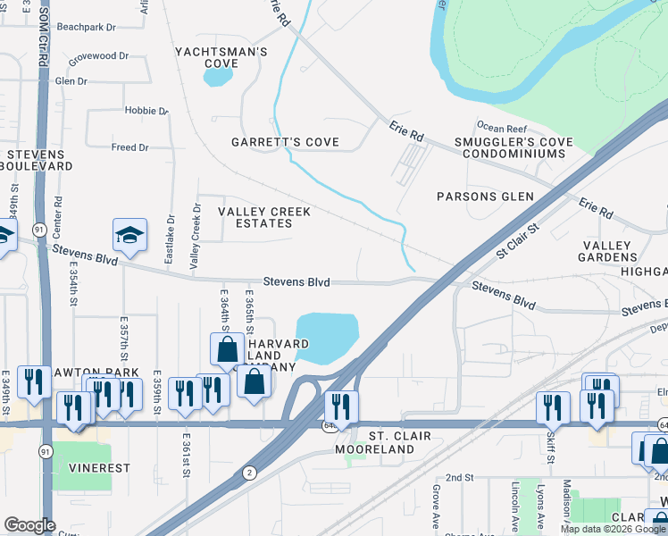 map of restaurants, bars, coffee shops, grocery stores, and more near 36760 Stevens Boulevard in Willoughby