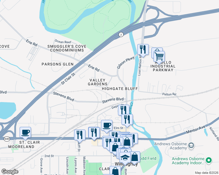 map of restaurants, bars, coffee shops, grocery stores, and more near 3677 Foothills Boulevard in Willoughby