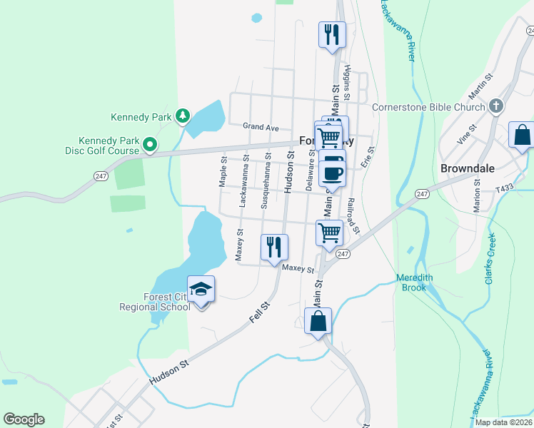 map of restaurants, bars, coffee shops, grocery stores, and more near 335 Hudson Street in Forest City