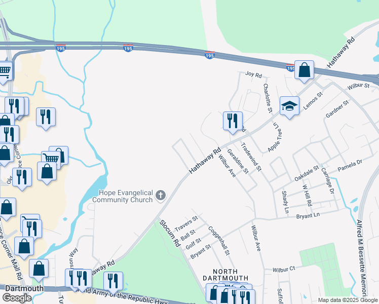 map of restaurants, bars, coffee shops, grocery stores, and more near Kennedy Street in Dartmouth