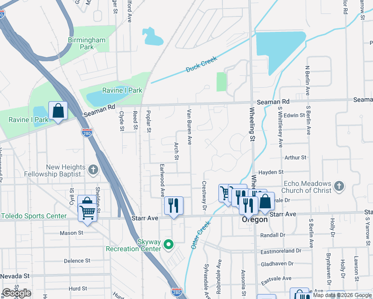 map of restaurants, bars, coffee shops, grocery stores, and more near 215 Arch Street in Toledo
