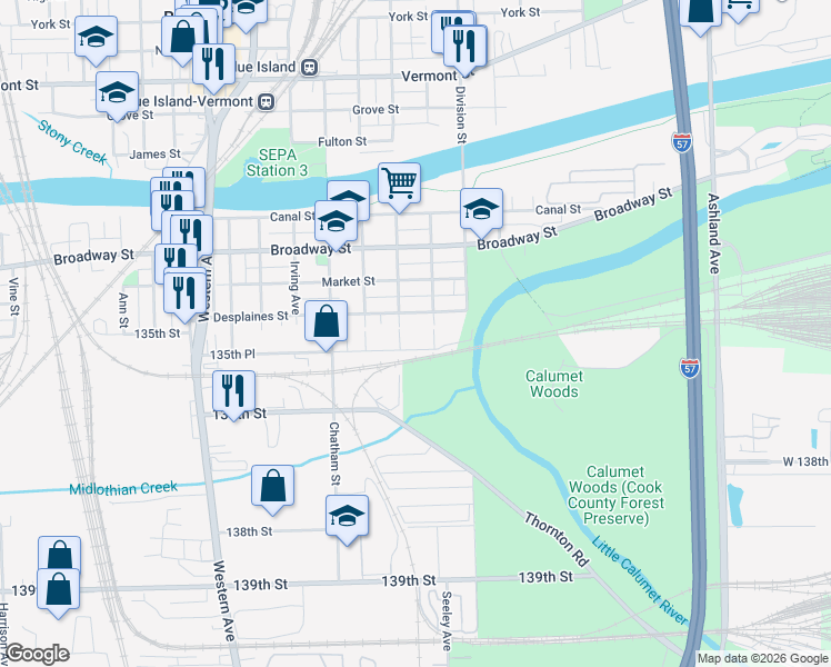 map of restaurants, bars, coffee shops, grocery stores, and more near 2062 135th Place in Blue Island