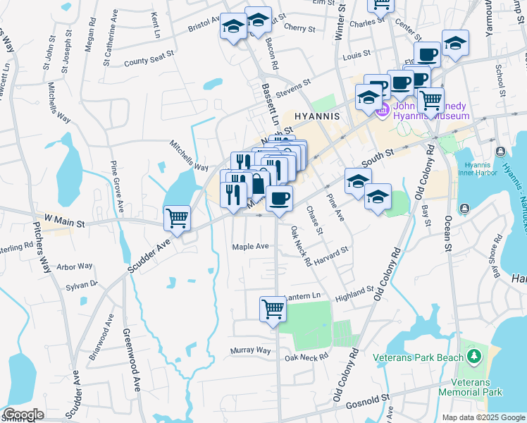 map of restaurants, bars, coffee shops, grocery stores, and more near 67 Sea Street in Barnstable