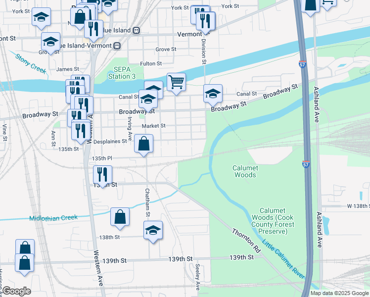 map of restaurants, bars, coffee shops, grocery stores, and more near 2062 135th Place in Blue Island
