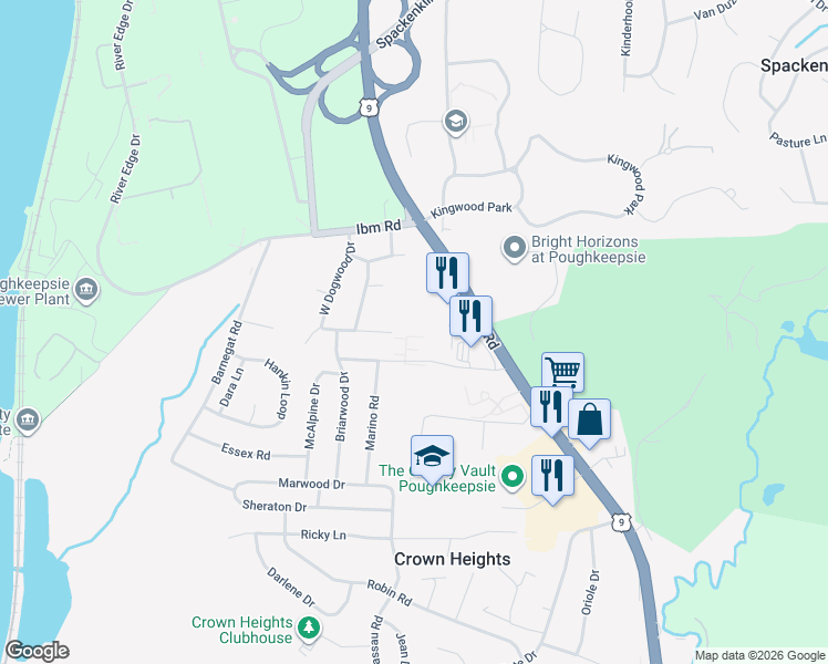 map of restaurants, bars, coffee shops, grocery stores, and more near 19 Anthony Drive in Poughkeepsie