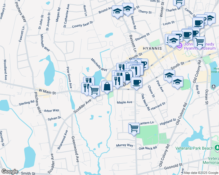 map of restaurants, bars, coffee shops, grocery stores, and more near 725 Main Street in Barnstable