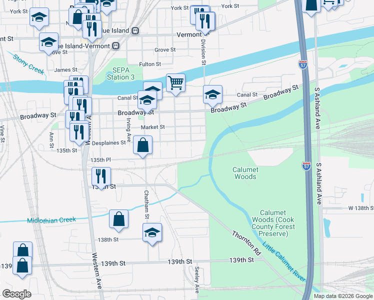 map of restaurants, bars, coffee shops, grocery stores, and more near 2062 135th Place in Blue Island