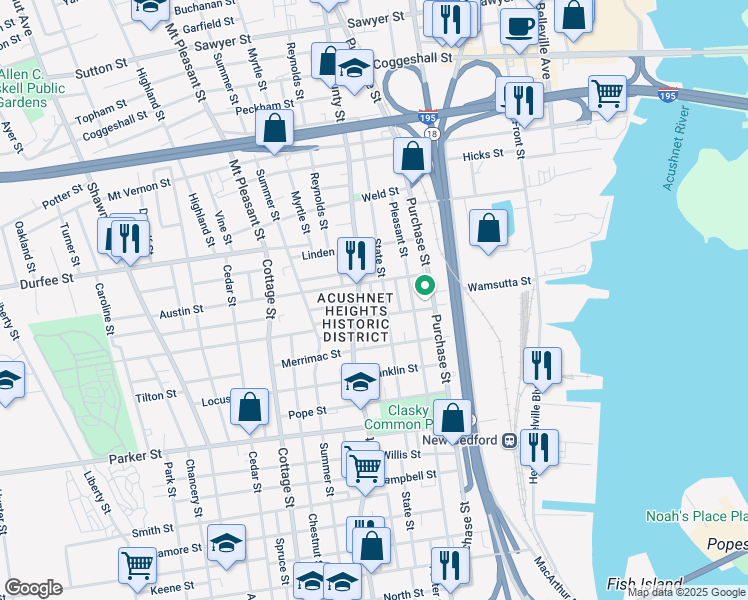 map of restaurants, bars, coffee shops, grocery stores, and more near 12 Hazard Court in New Bedford