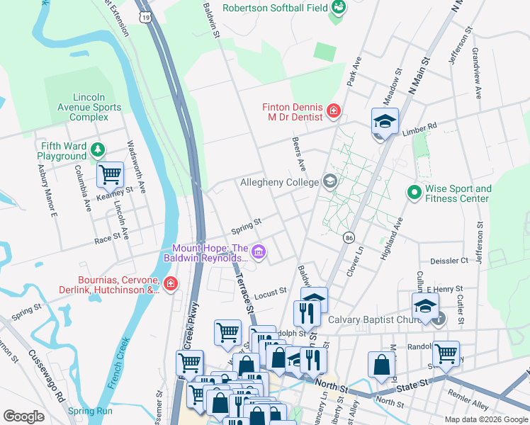 map of restaurants, bars, coffee shops, grocery stores, and more near 213 Spring Street in Meadville
