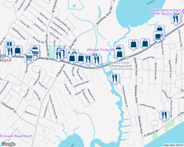 map of restaurants, bars, coffee shops, grocery stores, and more near 23 Courtland Way in Yarmouth