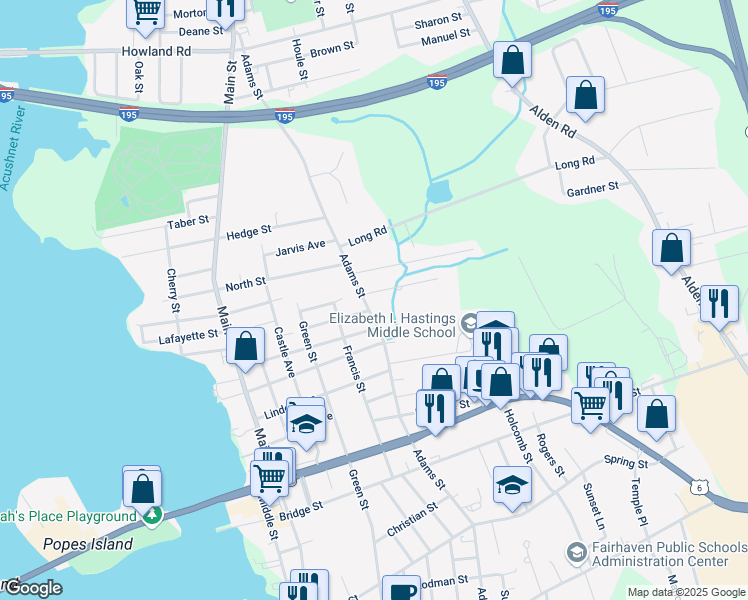 map of restaurants, bars, coffee shops, grocery stores, and more near 129 Adams Street in Fairhaven