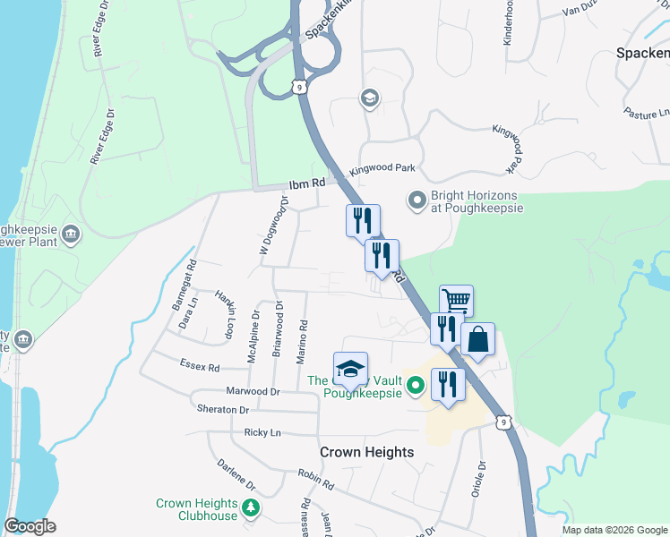 map of restaurants, bars, coffee shops, grocery stores, and more near 19 Anthony Drive in Poughkeepsie