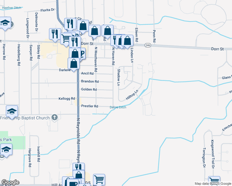 map of restaurants, bars, coffee shops, grocery stores, and more near 721 Shadow Lane in Toledo