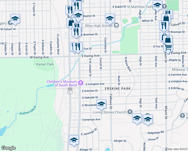 map of restaurants, bars, coffee shops, grocery stores, and more near 217 East Irvington Avenue in South Bend