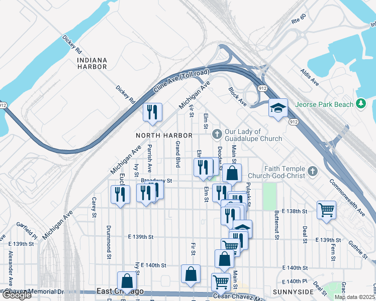 map of restaurants, bars, coffee shops, grocery stores, and more near 3603 Fir Street in East Chicago